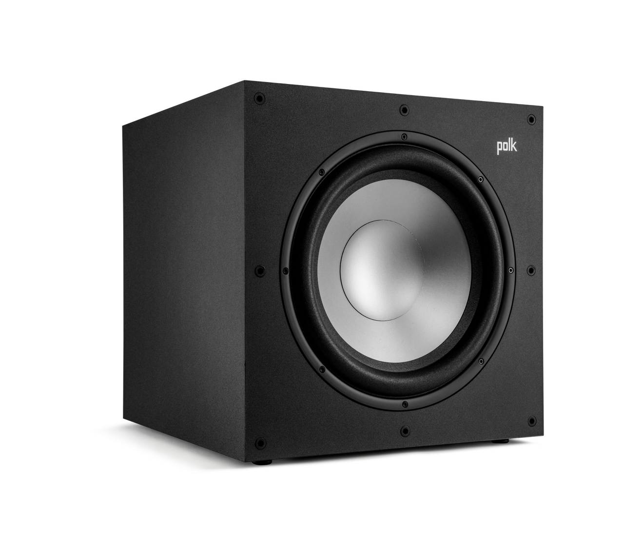 Polk Monitor Xt12 Polk subwoofer in a black cabinet with a large silver front-facing woofer.