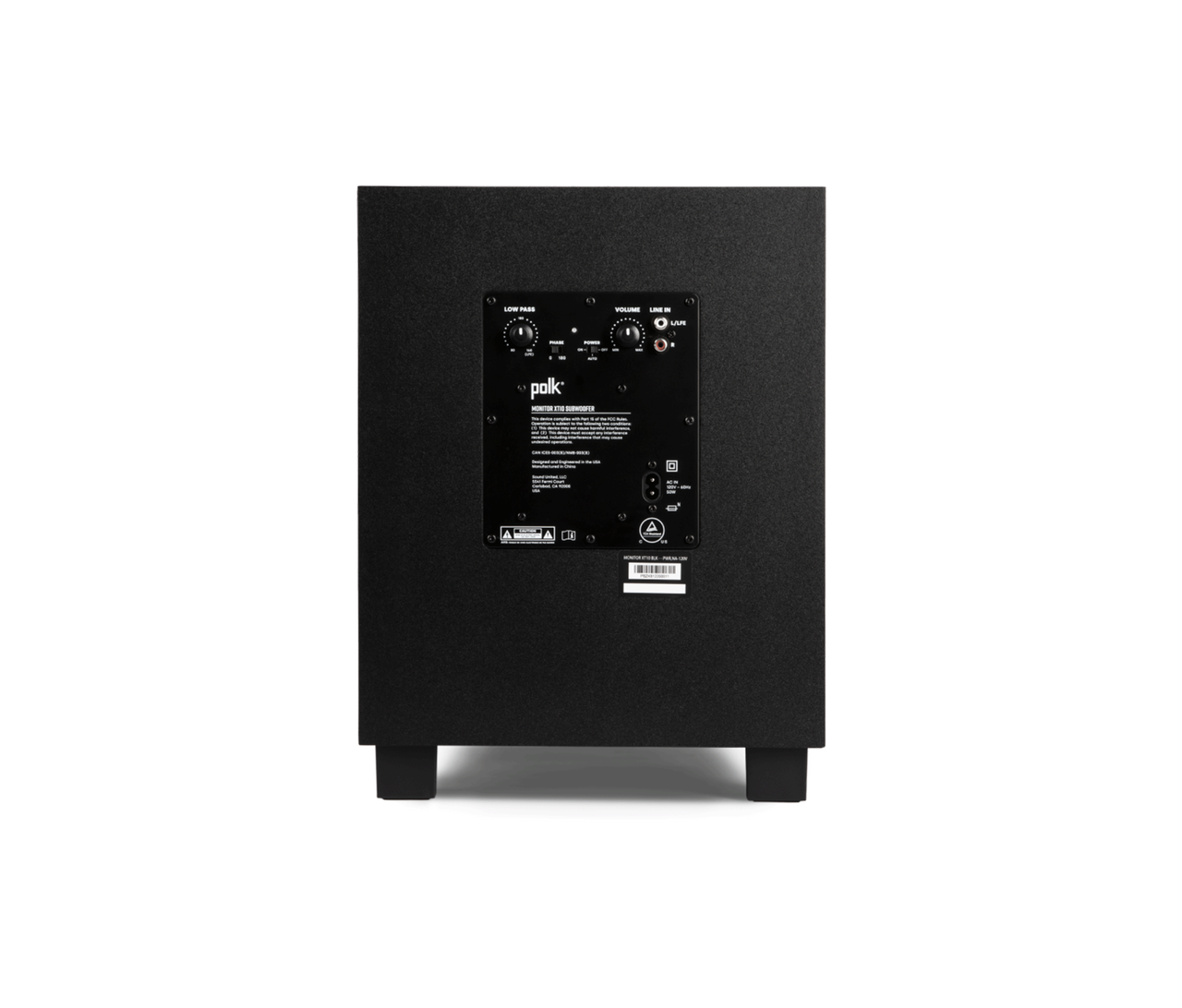 Polk Monitor Xt10 Polk monitor xt subwoofer rear panel with volume and low pass controls on a black cabinet.