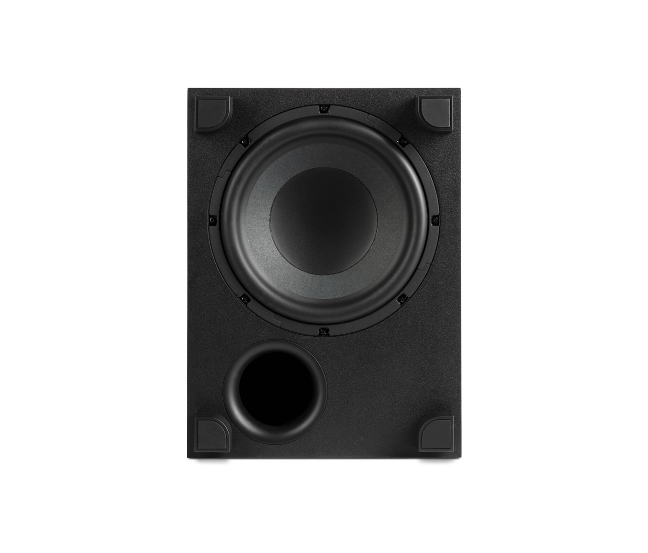 Polk Monitor Xt10 Front view of black subwoofer cabinet with large circular driver and port.