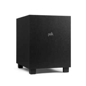 Polk black subwoofer with fabric front panel and centered logo.