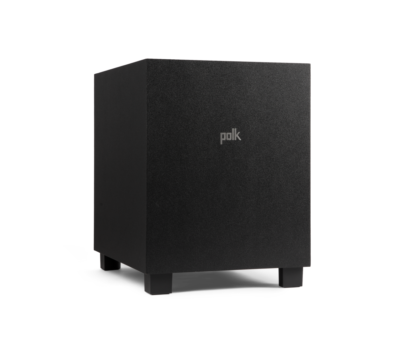 Polk Monitor Xt10 Polk black subwoofer with fabric front panel and centered logo.
