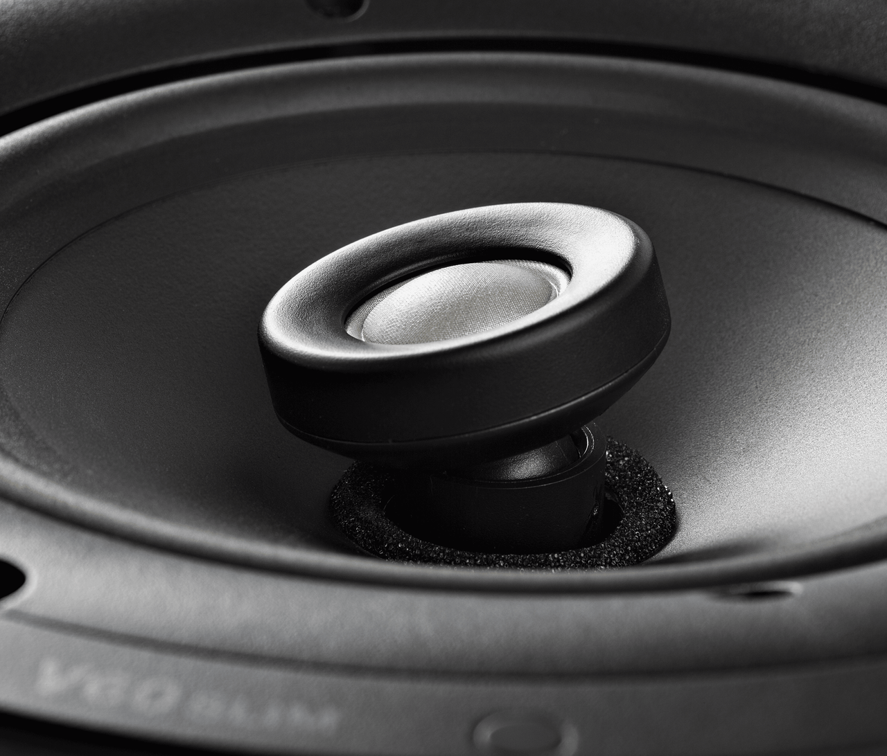Polk V60 Slim Close-up of a black loudspeaker cone with a circular diaphragm and silver central dust cap.