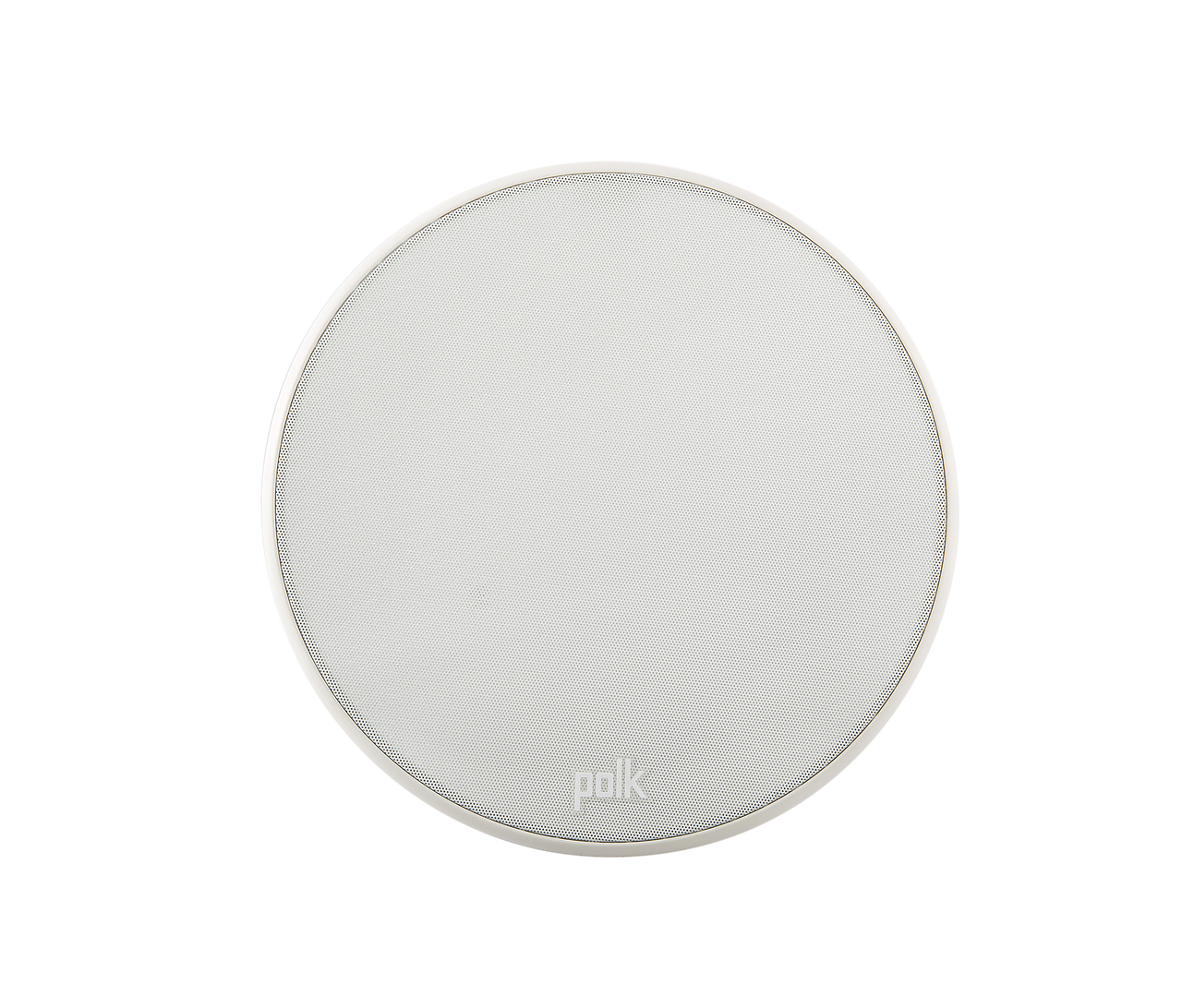 Polk V60 Slim Polk round white wireless speaker with perforated grille and slim bezel.