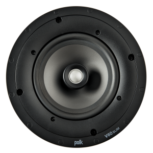 Polk V60 Slim round speaker driver with black cone, silver center dust cap, and screw-fastened frame.