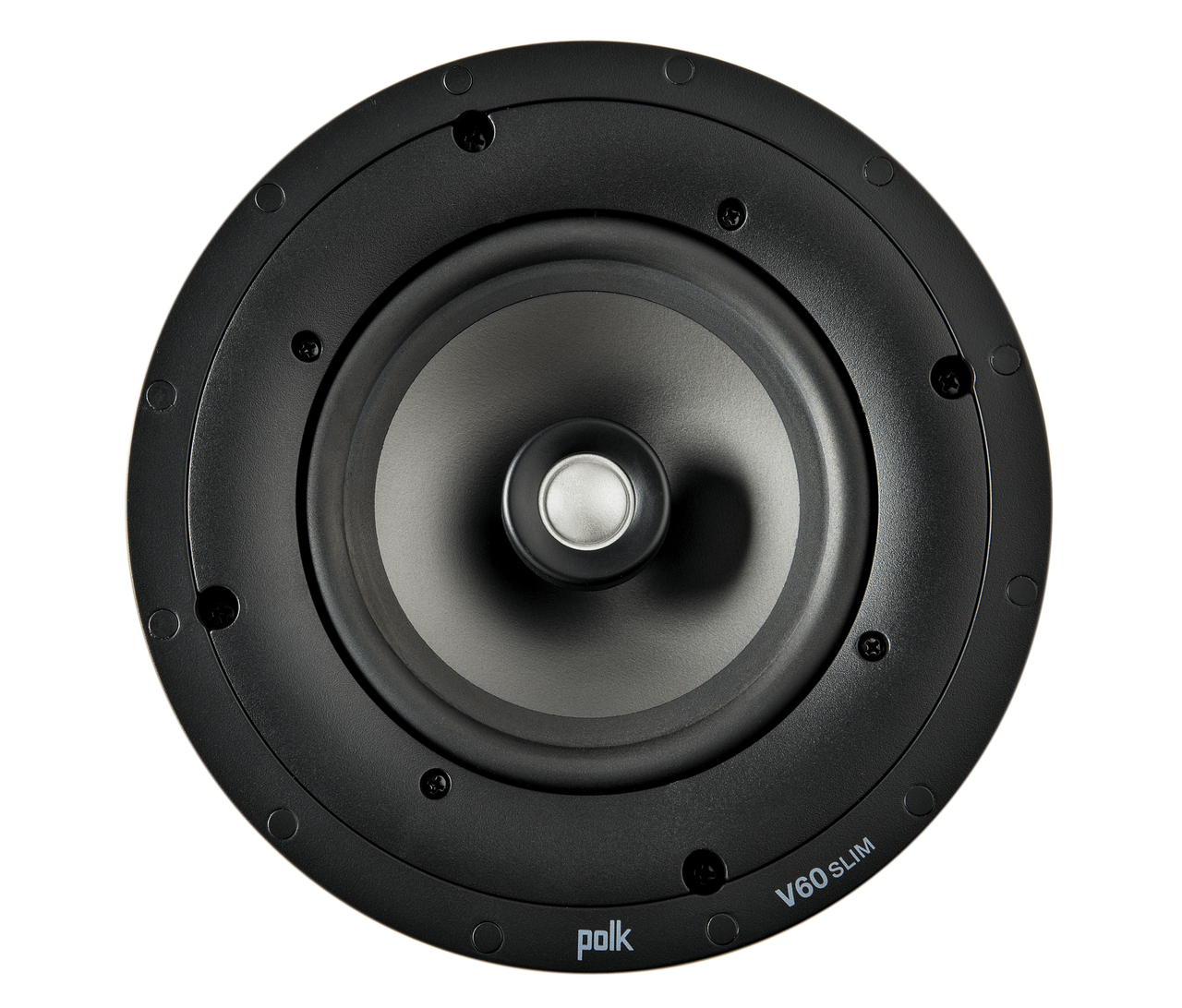 Polk V60 Slim Polk v60 slim round speaker driver with black cone, silver center dust cap, and screw-fastened frame.
