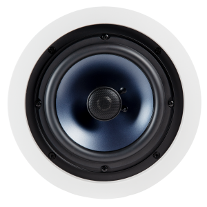 Round ceiling speaker with white bezel, blue cone, and perforated central grille.