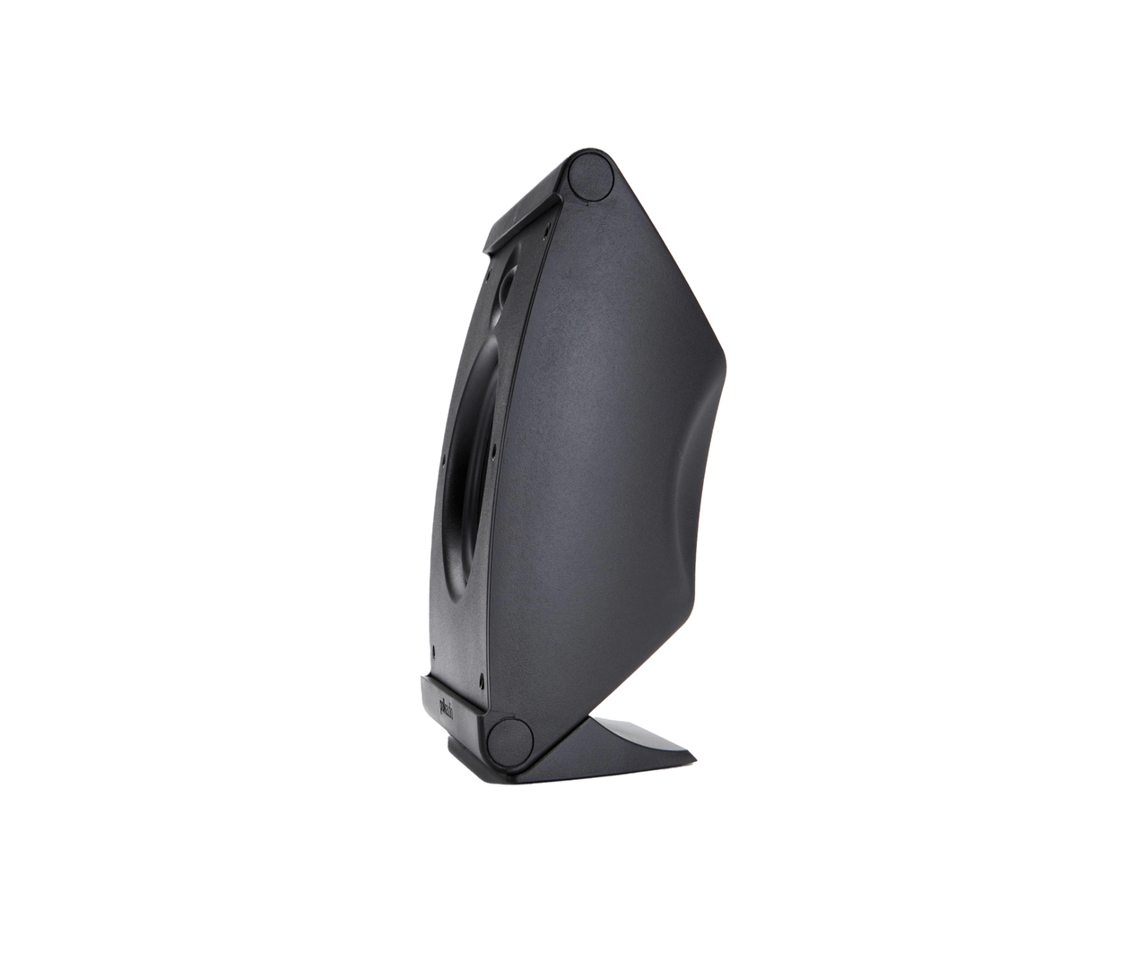 Polk Owm3 Black angled desktop speaker with integrated stand, shown from the side.