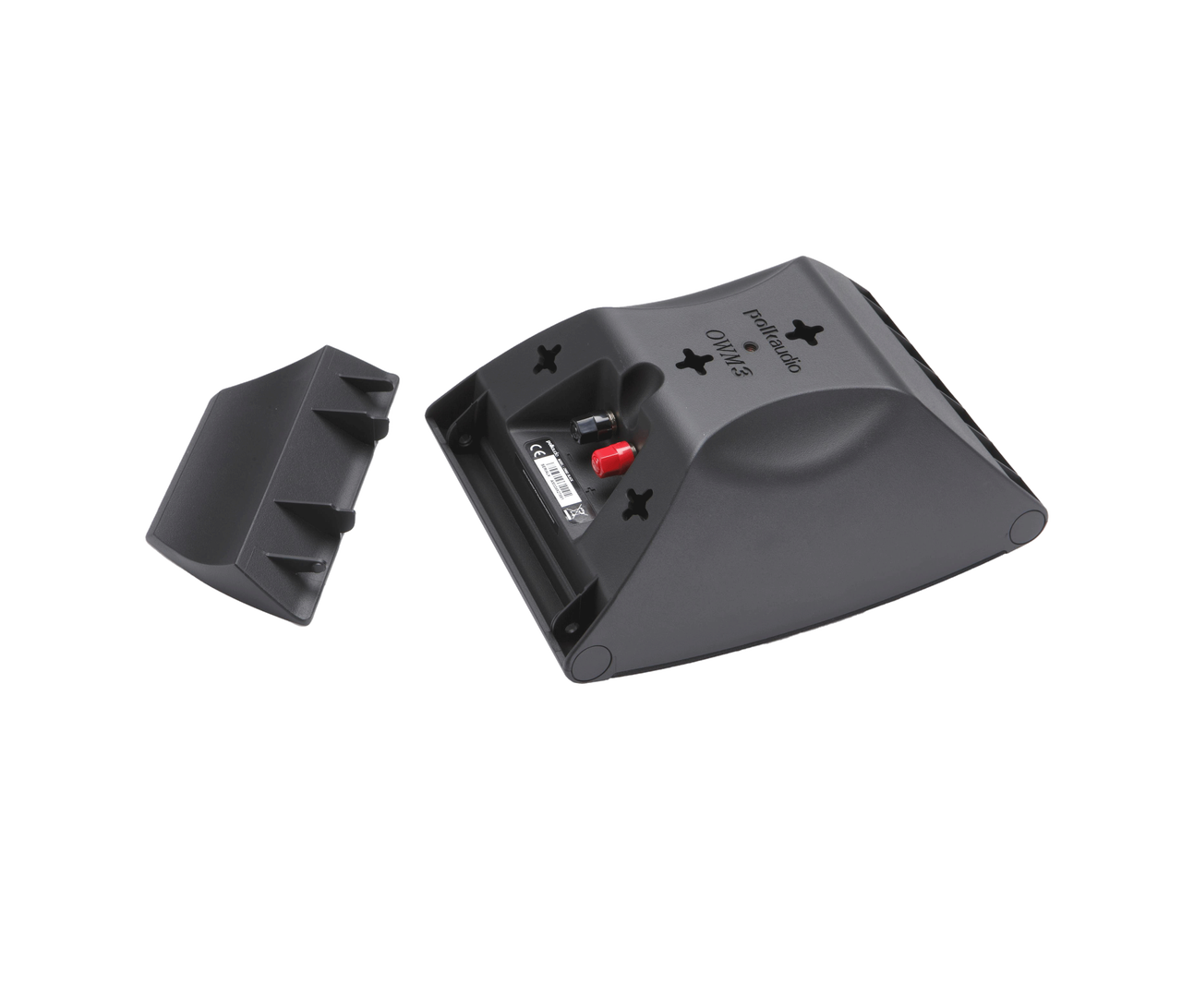 Polk Owm3 Black plastic charging dock with a removable cover exposing a battery compartment with red and black terminals.