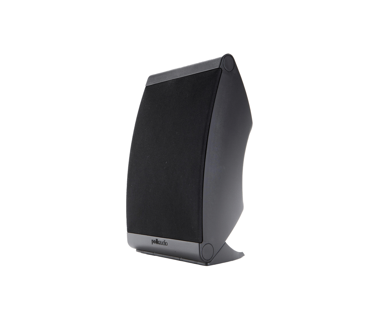 Polk Owm3 Polk audio bookshelf speaker with black fabric grille and curved cabinet, featuring polk logo at the base.