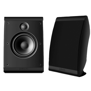 Polk Audio black two-way bookshelf speaker with tweeter and woofer, shown alongside a curved matching speaker cabinet.