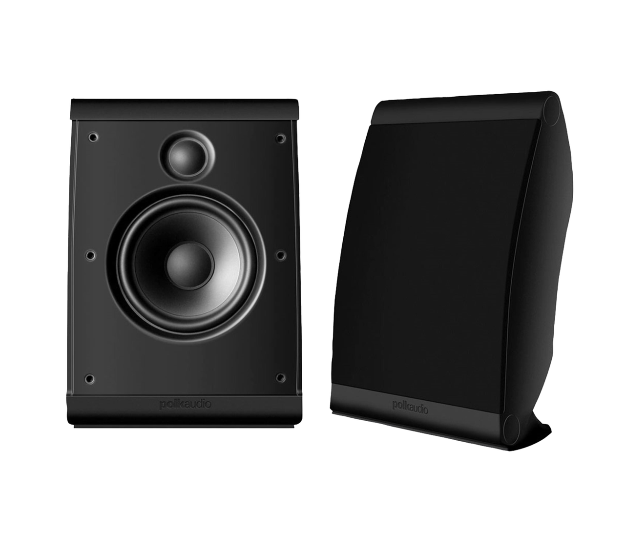 Polk Owm3 Polk audio black two-way bookshelf speaker with tweeter and woofer, shown alongside a curved matching speaker cabinet.
