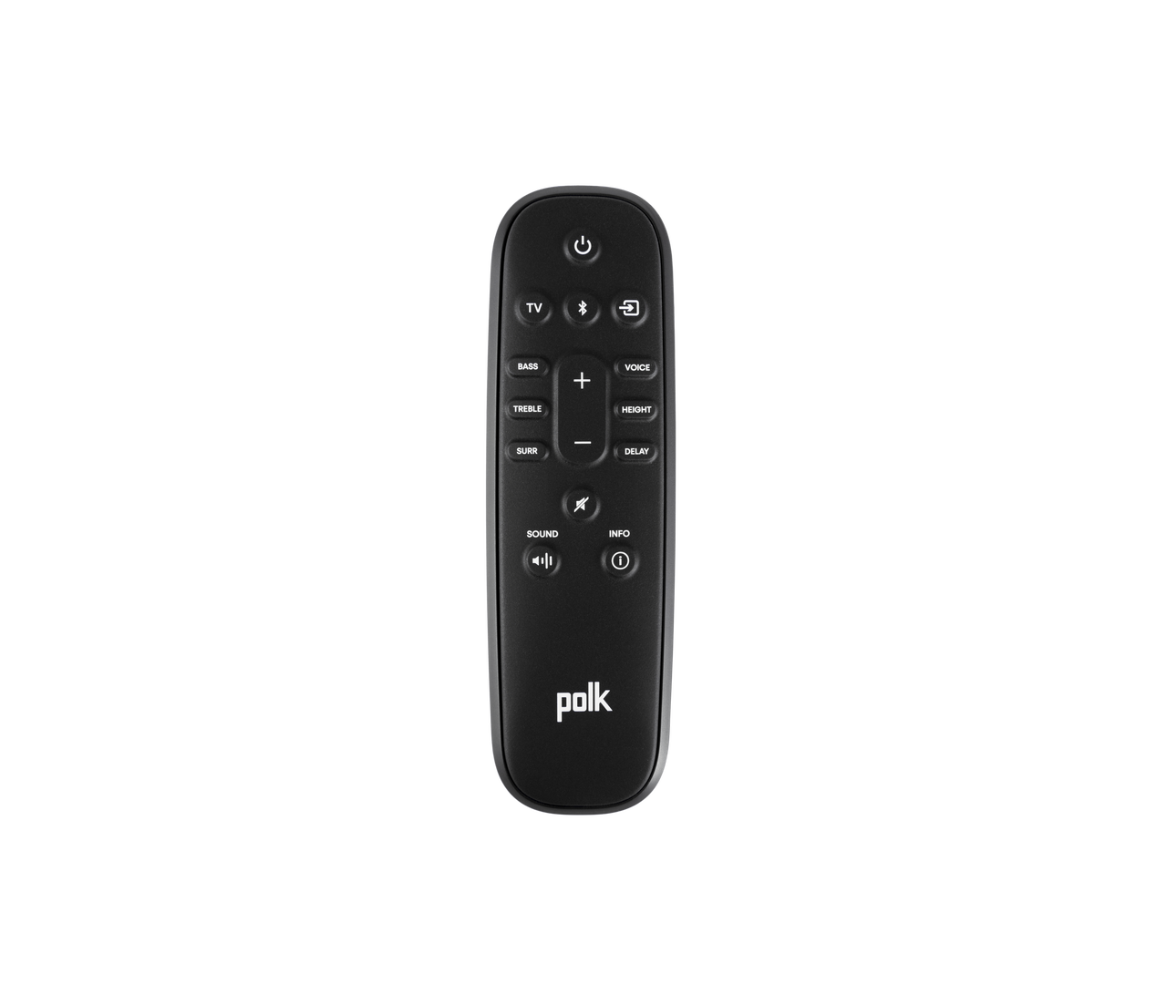 Polk Magnifi Max Ax Sr Polk remote control with power, bluetooth, tv, volume, bass, treble, and info buttons.