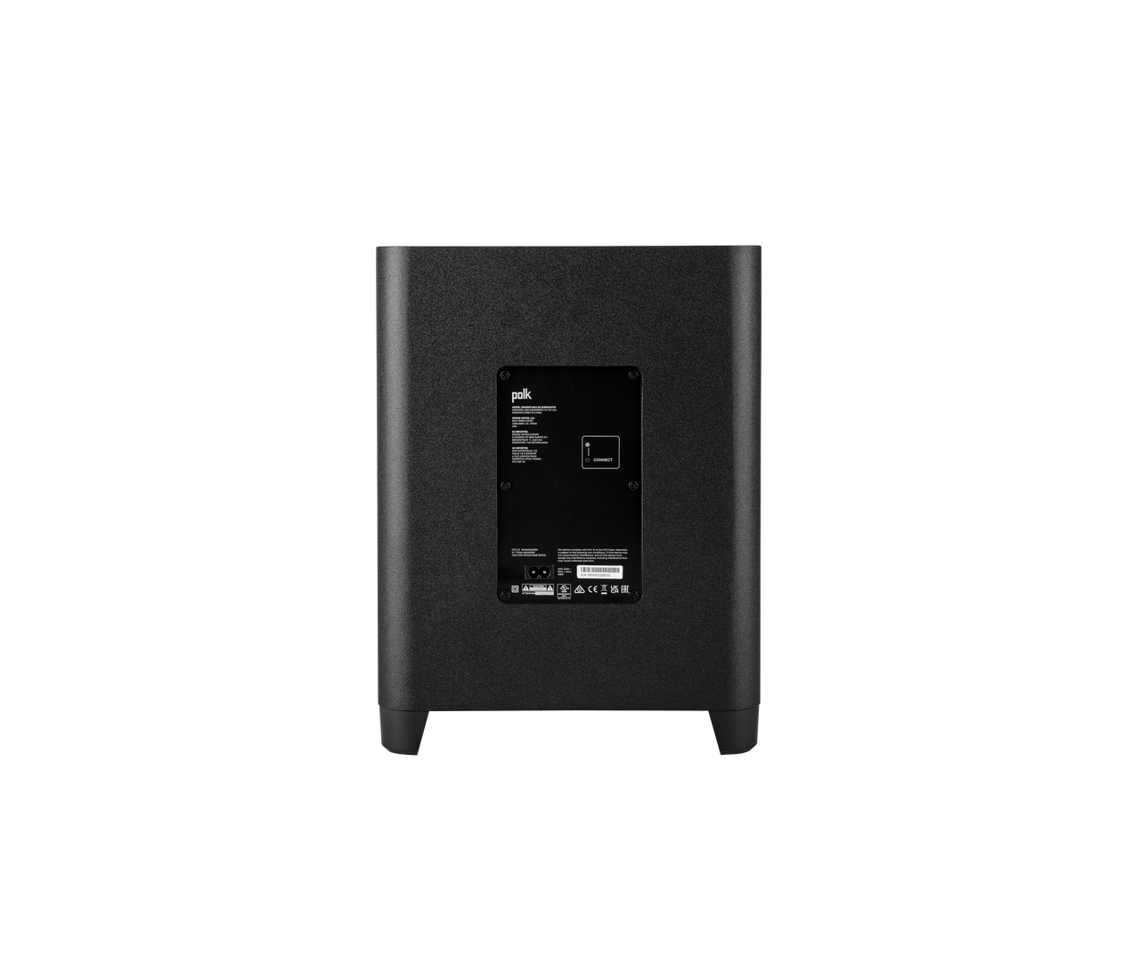 Polk Magnifi Max Ax Sr Polk powered subwoofer back view, black textured cabinet, rear control panel with labels.