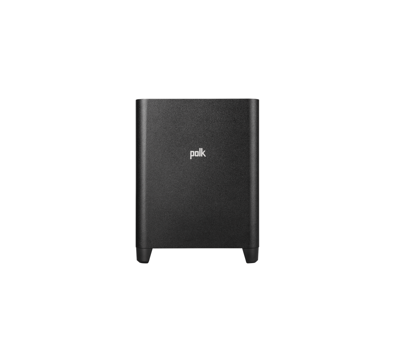 Polk Magnifi Max Ax Sr Polk black rectangular subwoofer with textured front panel and small feet.