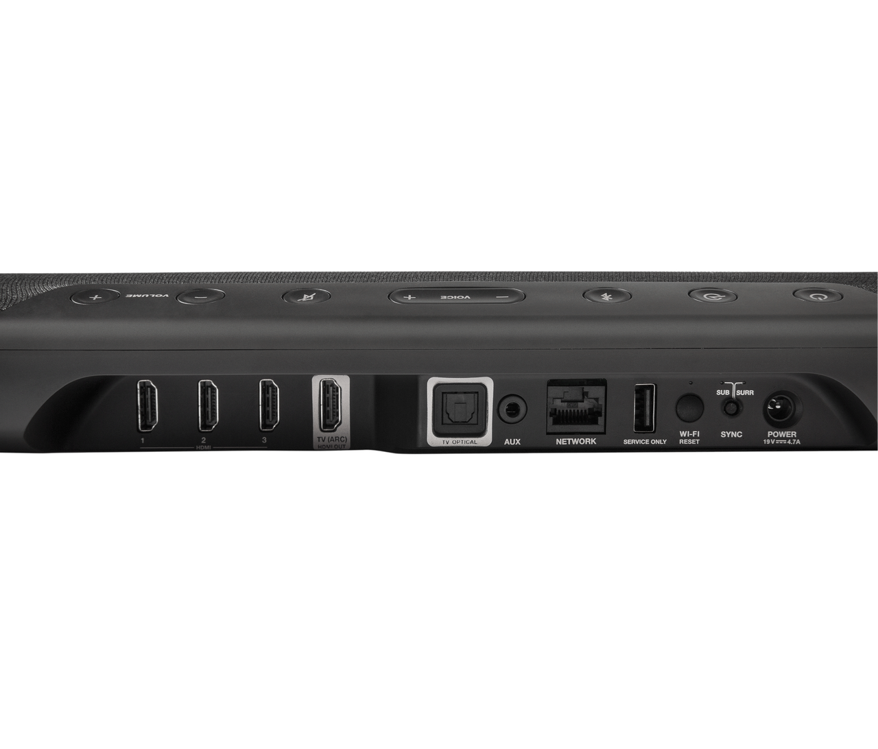 Polk Magnifi Max Ax Sr Soundbar back panel with hdmi ports, tv optical input, ethernet, usb, aux, and control buttons.