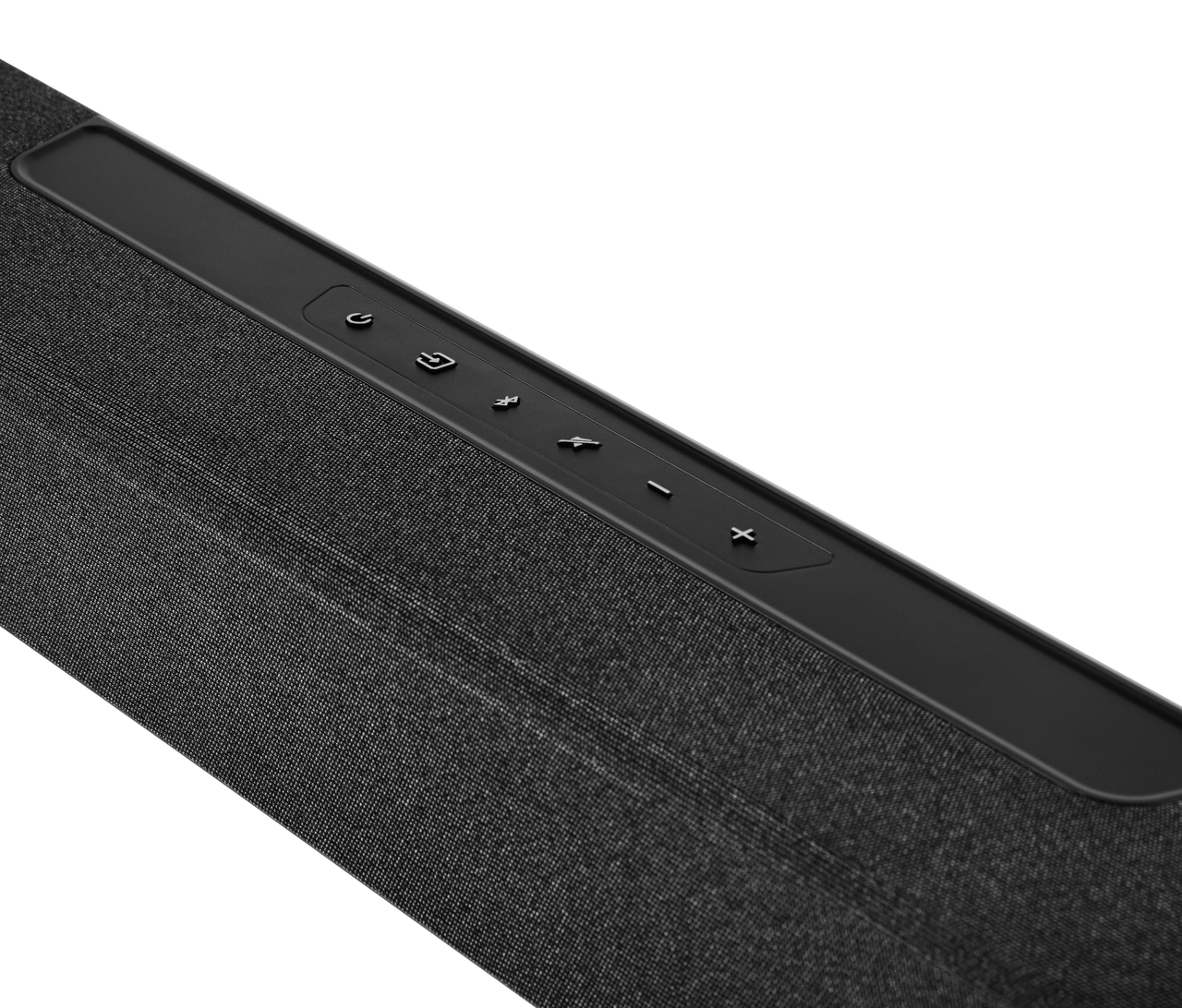 Polk Magnifi Max Ax Sr Slim black soundbar with fabric grille and a top control panel featuring power and volume buttons.