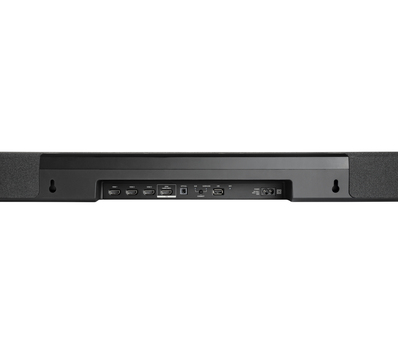 Polk Magnifi Max Ax Sr Rear view of a long soundbar with hdmi ports, optical input, usb, and power connector.