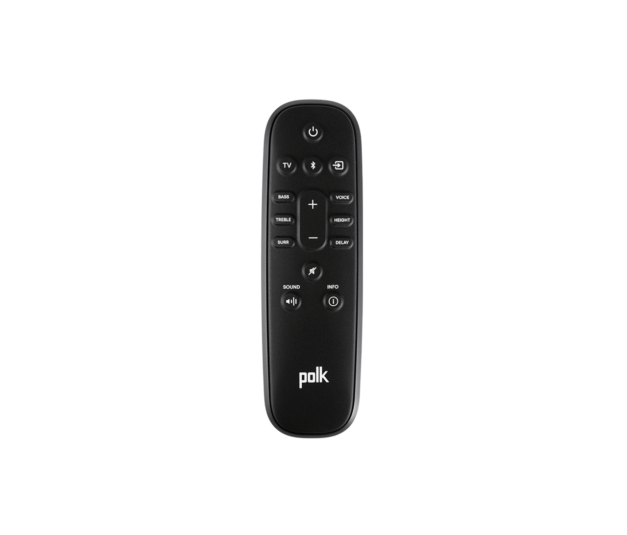 Polk Magnifi Max Ax Polk remote control for audio system with power, volume, bass/treble/surround controls, black with silver edge