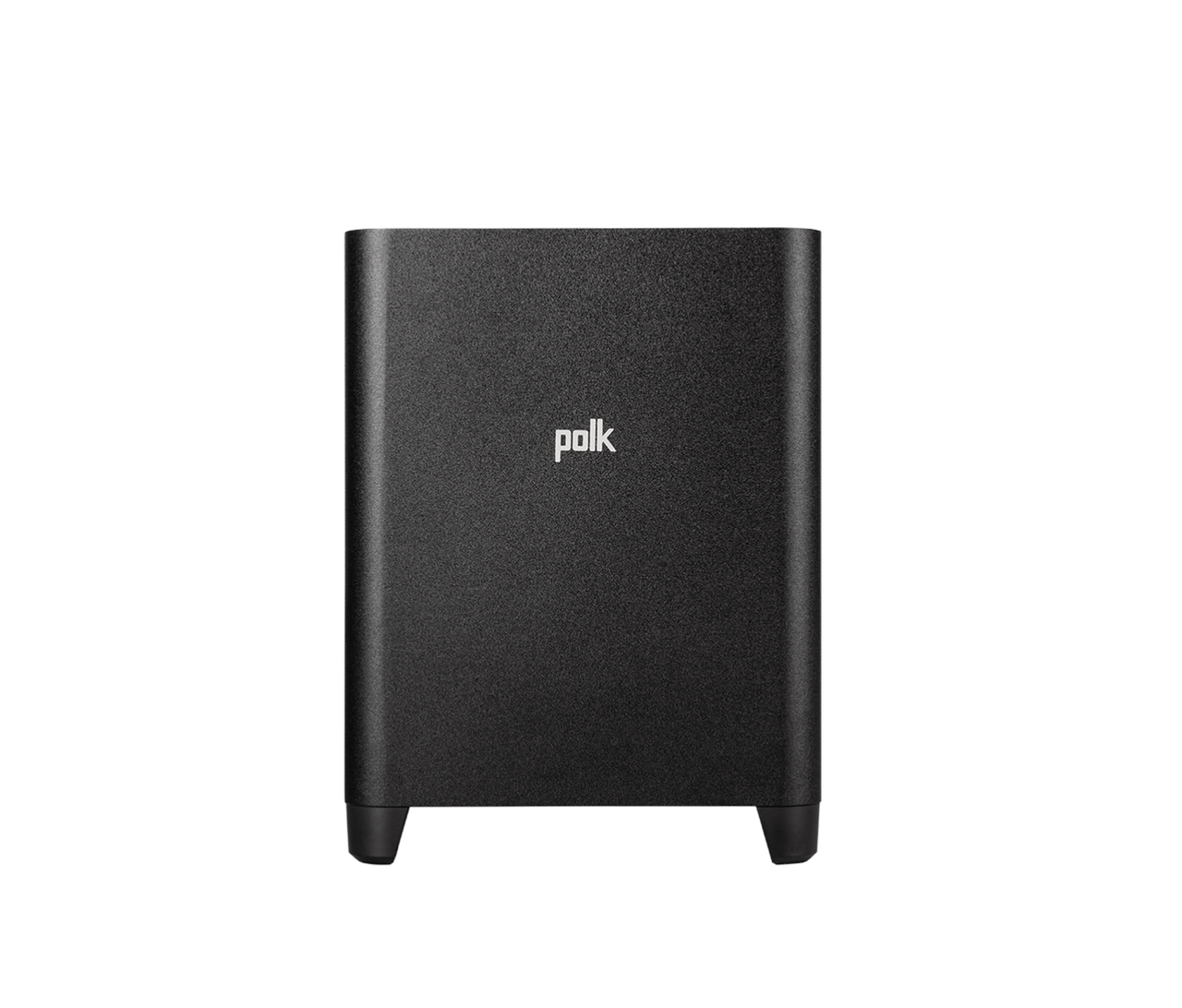 Polk Magnifi Max Ax Polk black subwoofer with a textured front panel, compact enclosure, and small feet.