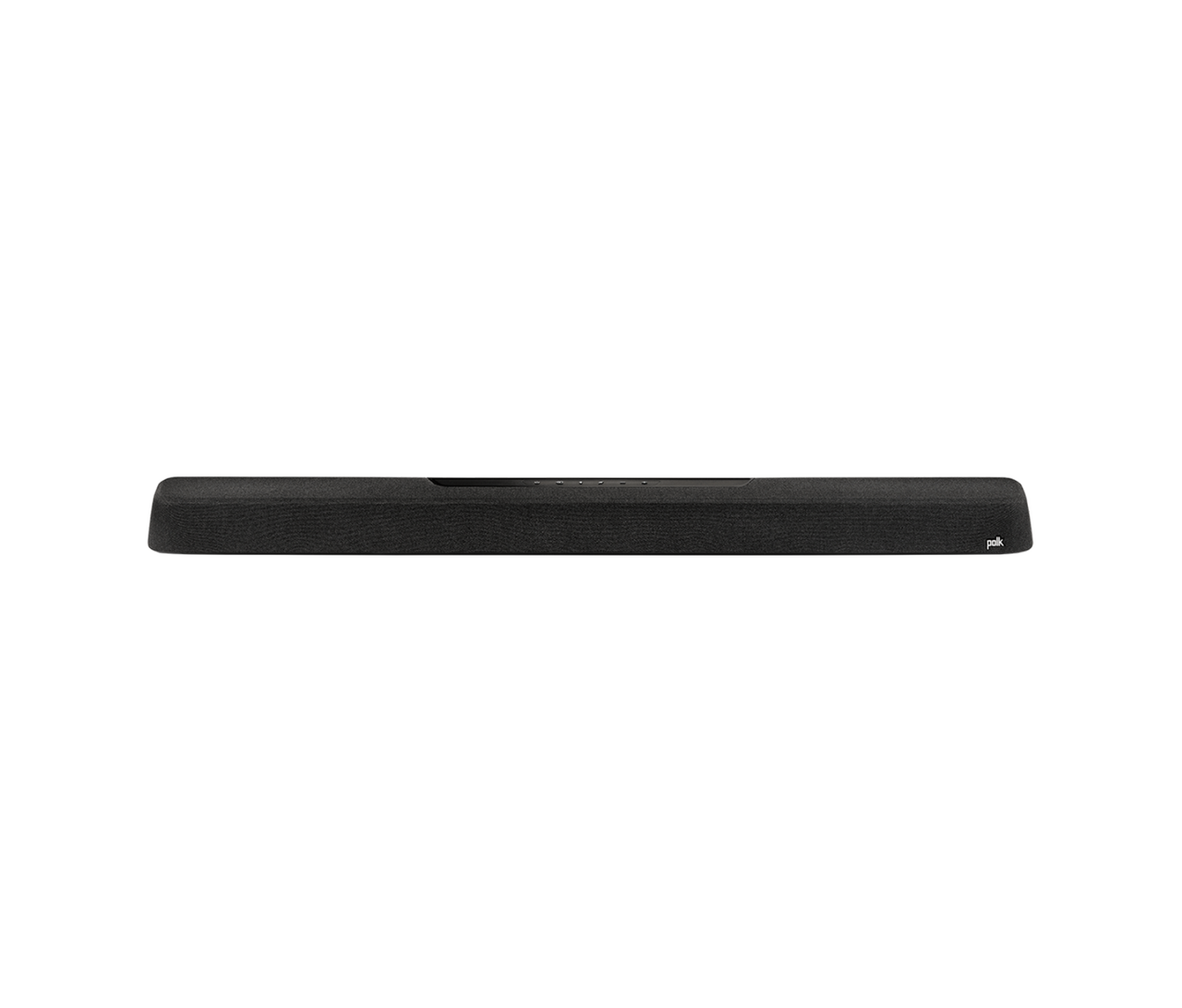 Polk Magnifi Max Ax Polk audio soundbar with black fabric grille and slim silver-trimmed body.