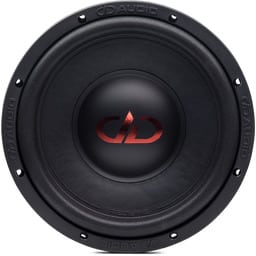 Black circular subwoofer speaker with a red stylized center logo and outer mounting ring with multiple screw holes.