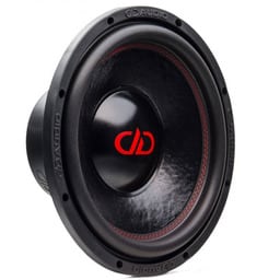 DD Audio subwoofer featuring black cone, red surround, and red DD logo at center.