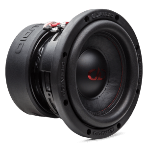 DD Audio subwoofer driver with black cone, red logo, rugged rubber surround, front-mount design