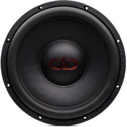 Black circular subwoofer with red center cap logo and multiple mounting holes around the edge.