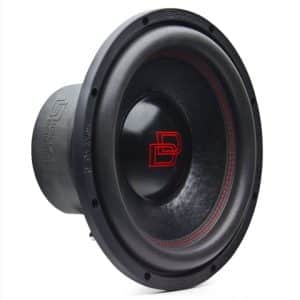 12-inch DD Audio car subwoofer with black cone, red center logo, and red stitched surround.