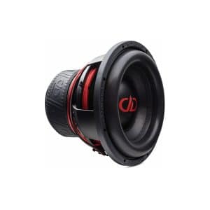 DD Audio subwoofer with red voice coil, black cone, and large rubber surround.