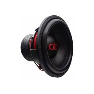 DD Audio subwoofer with black cone, red surround, and red voice coil.