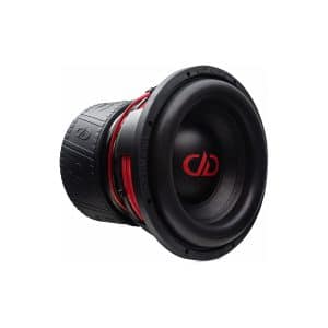 DD Audio car subwoofer with black cone, red voice coil, and large rubber surround.