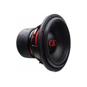 DD Audio subwoofer driver with black cone, red center logo, and wide mounting flange