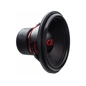 DD Audio subwoofer driver with black cone, red logo dust cap, and large rubber surround.