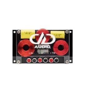 Car audio crossover network with red toroidal inductors, yellow film capacitors, and multiple input/output terminals.