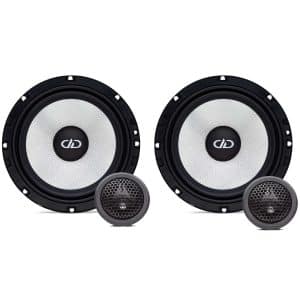 Pair of DD Audio subwoofers with included tweeters; white woven cones, black rims, central DD logo.