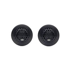 Pair of black round car tweeters with honeycomb grills and white logo