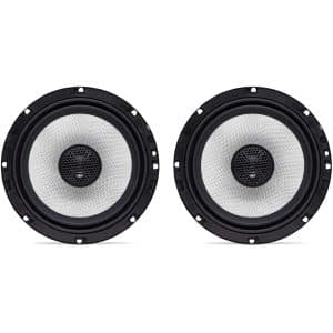 Pair of round car speakers with silver woven cones, black frames, and central mesh dust caps.