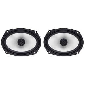 Pair of oval car speakers with silver cones and black frames.