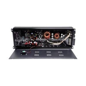 Car audio power amplifier chassis with exposed PCB, copper coil inductors, cooling fan, and heatsink fins.
