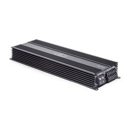 Black rectangular power amplifier with external cooling fins and a terminal block on one end.