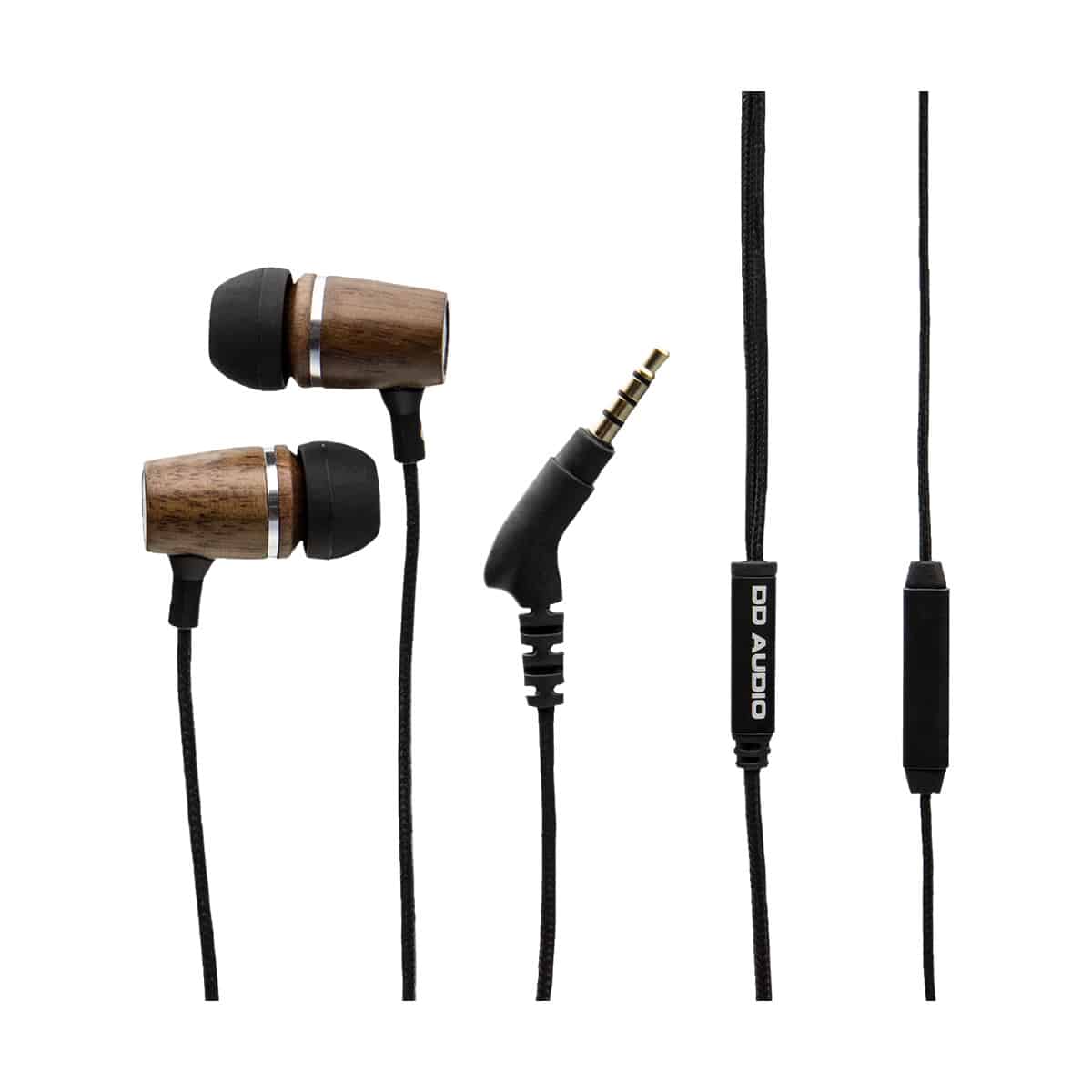 Dd Audio Dxb-1.1 Dd audio in-ear monitors with wooden cylindrical housings, silicone tips, braided cable, and 3. 5mm plug.