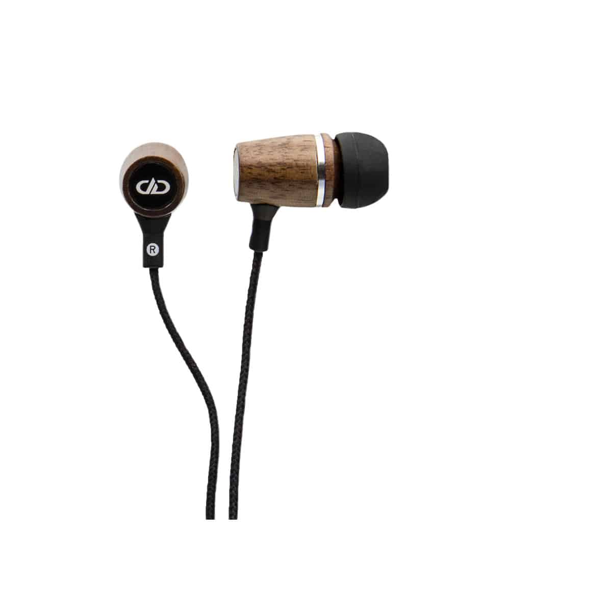 Dd Audio Dxb-1.1 In-ear wired earphones with woodgrain housings, black braided cable, and silicone ear tips.