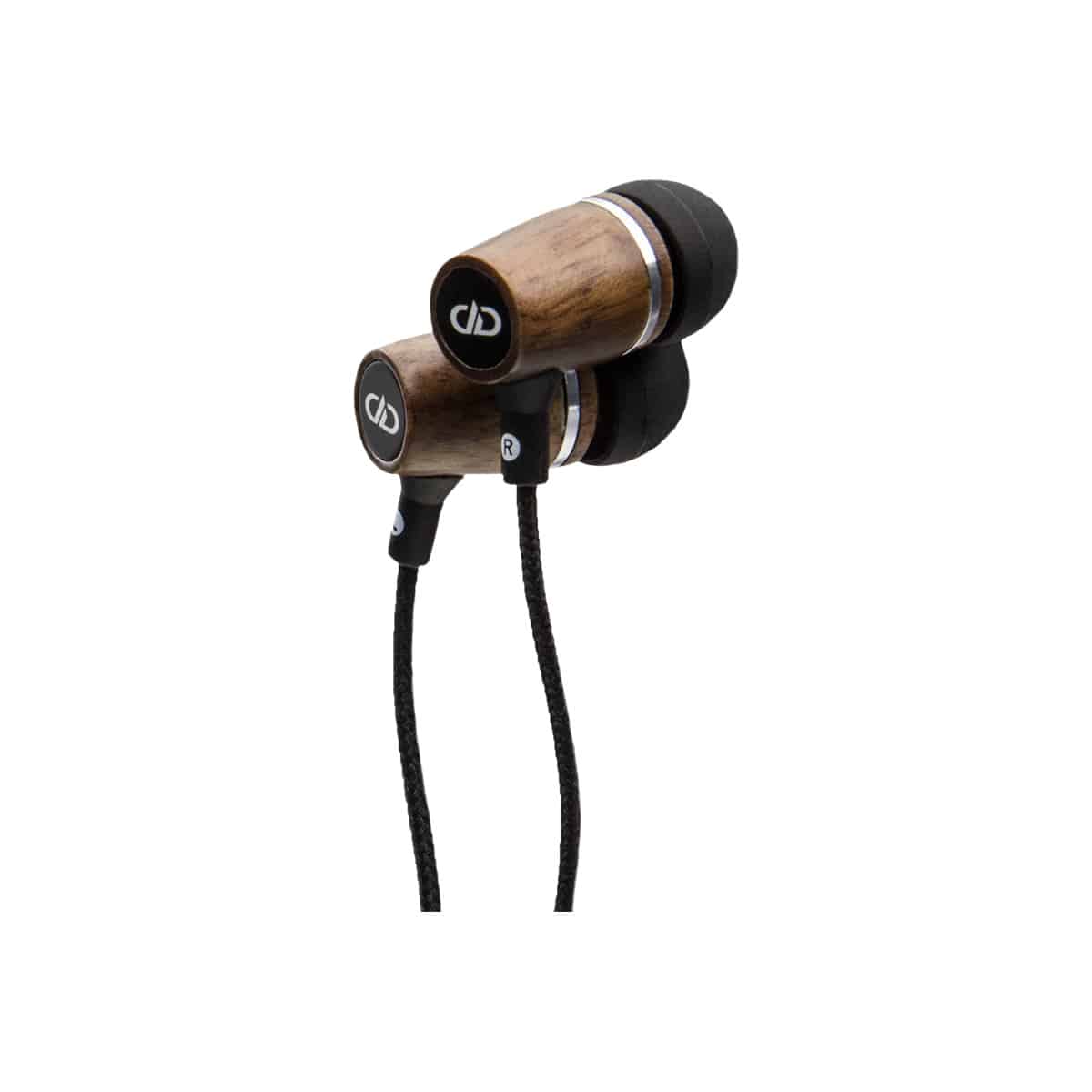 Dd Audio Dxb-1.1 Wooden in-ear monitors with braided cable, black tips, metal rings, and circular dd logo on the wood face
