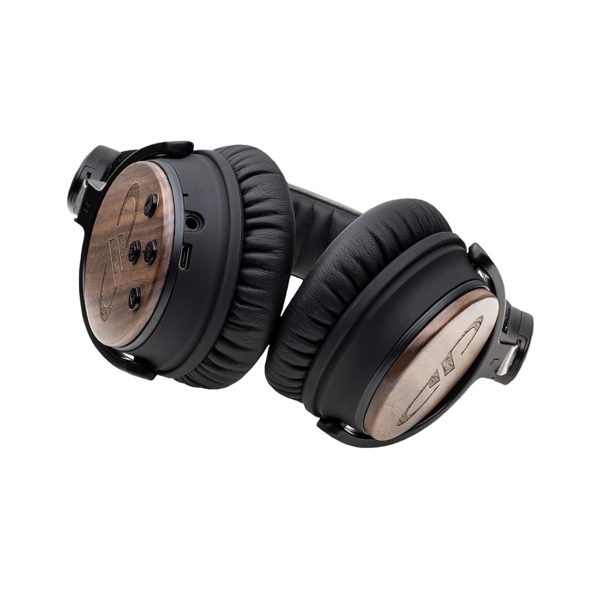 Dd Audio Dxbt-05 Over-ear wireless headphones with wood veneer ear cups, black cushions, and onboard controls.