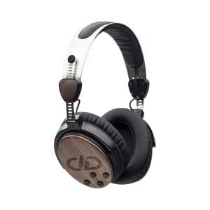 Over-ear headphones with wood veneer ear cups, black padding, white headband, silver metal hinges.