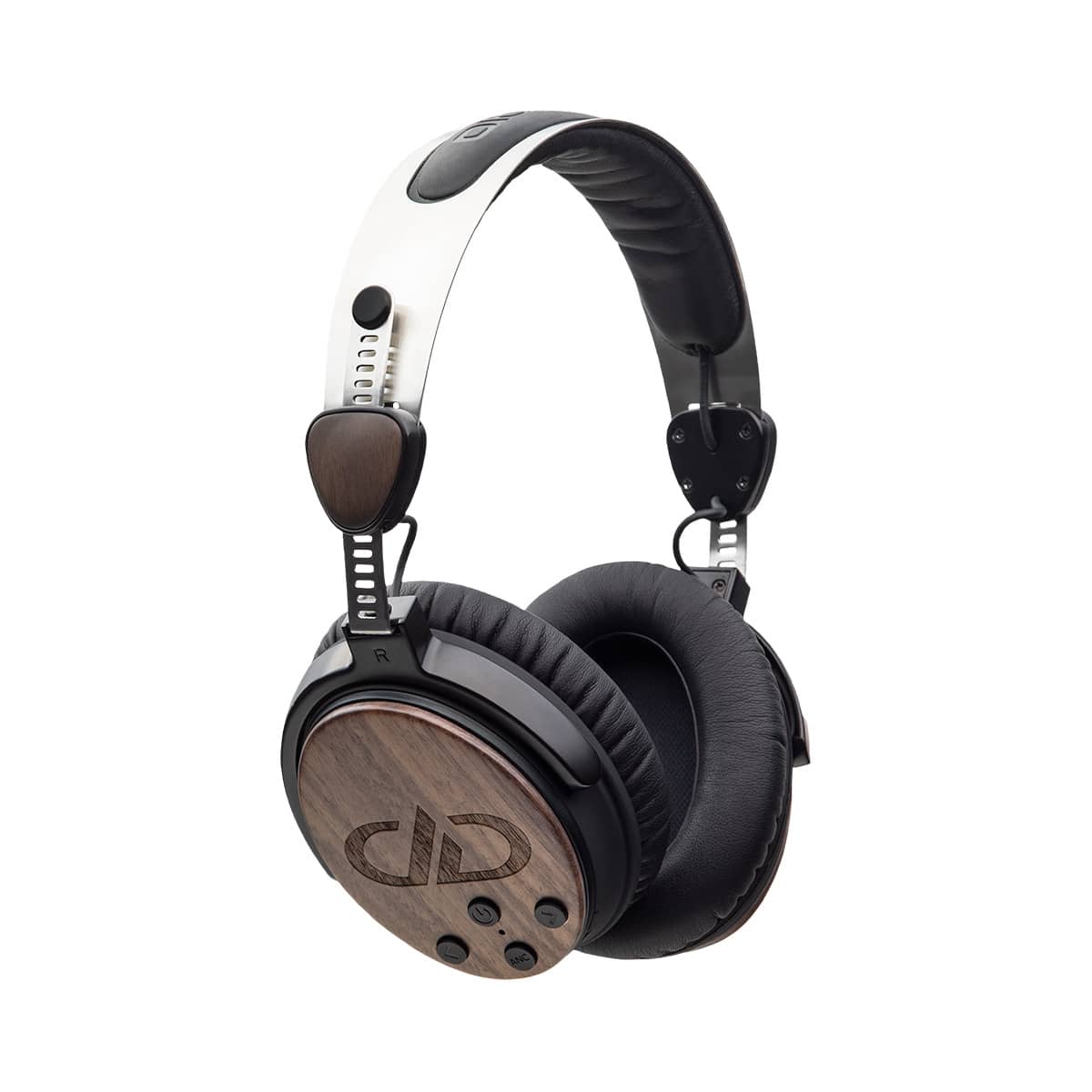 Dd Audio Dxbt-05 Over-ear headphones with wood veneer ear cups, black padding, white headband, silver metal hinges.