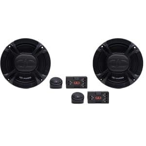 DD Audio car speaker kit featuring two large round woofers, two small tweeters, and two crossover units.