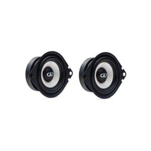 Pair of round car speakers with black frames and white perforated center domes.
