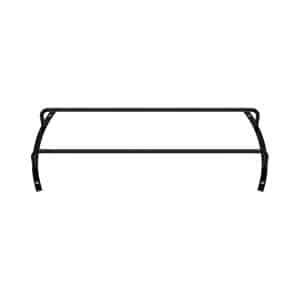 Black metal two-tier wall-mounted rack with curved end brackets and mounting holes